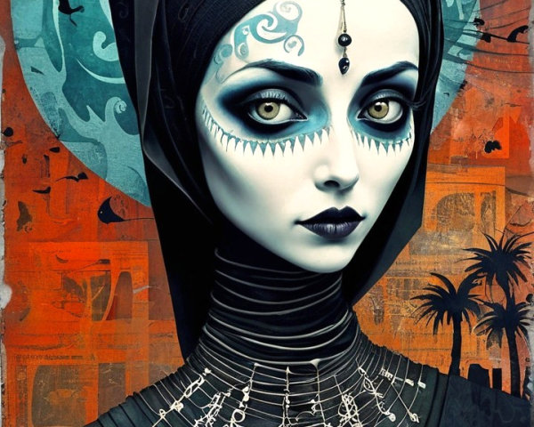 Portrait of a woman with intricate patterns and jewelry