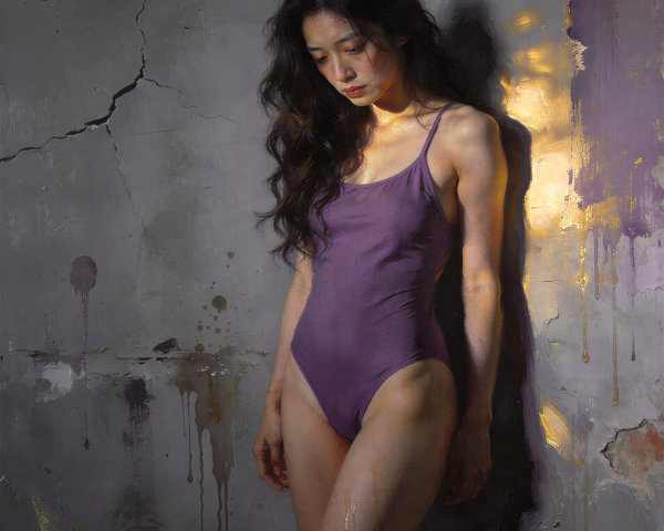 Oil Painting of Woman in Purple Swimsuit Against Wall