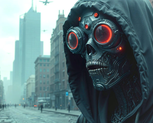 Futuristic cityscape with humanoid figure in mist