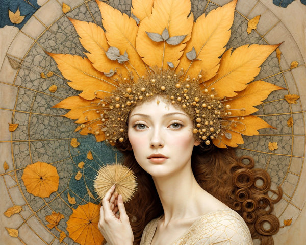 Serene Woman with Yellow Leaf Headdress and Patterns