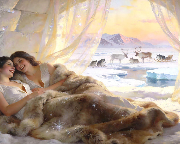 Young women in white dresses inside a decorated igloo