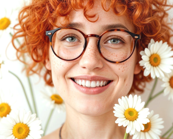 Young woman with orange hair and daisies in soft light