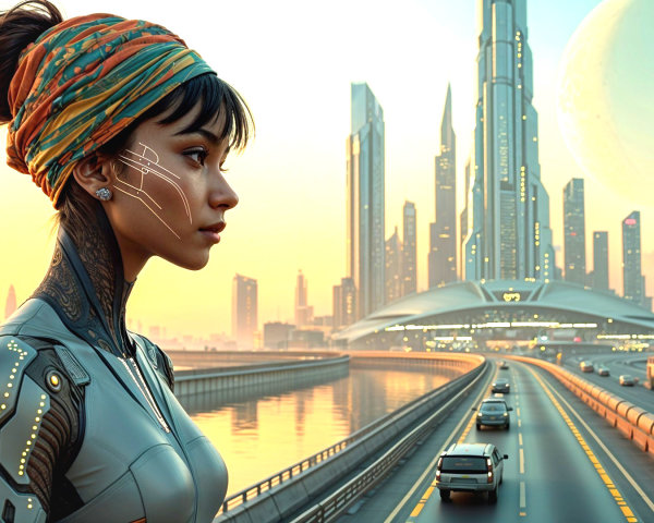 Futuristic Cityscape at Dawn with Cybernetic Features