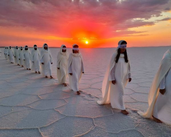 Blindfolded Group in White Robes on Salt Flats at Sunset