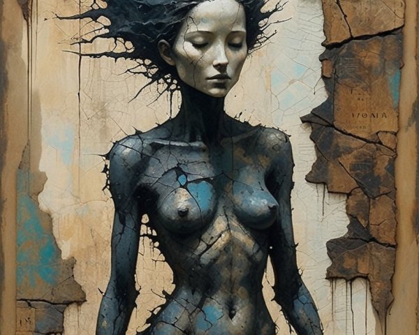 Surreal Figure with Ethereal Aura Against Textured Background