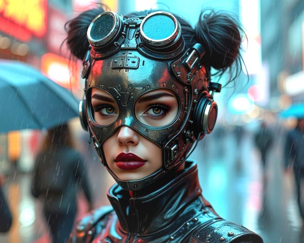 Futuristic Character in Rainy Urban Setting with Neon Lights