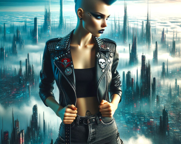 Futuristic Skyline with Punk-Inspired Figure in Mist
