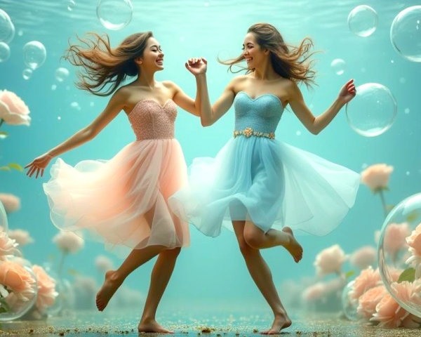 Underwater Dance of Two Women with Roses and Bubbles