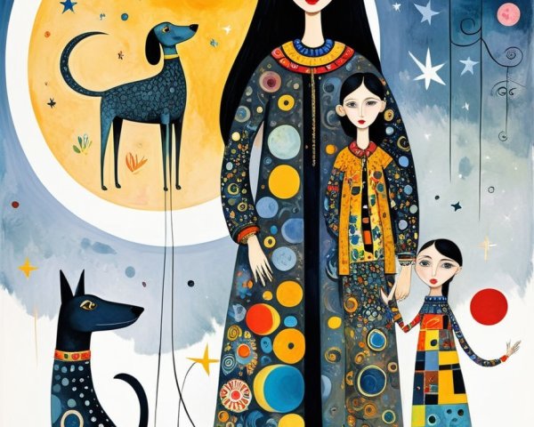 Whimsical Illustration of Woman with Children and Animals