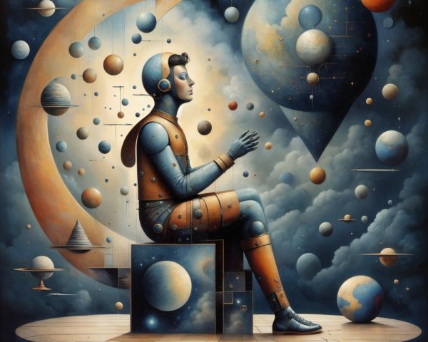 Contemplative Robot in Surreal Cosmic Landscape