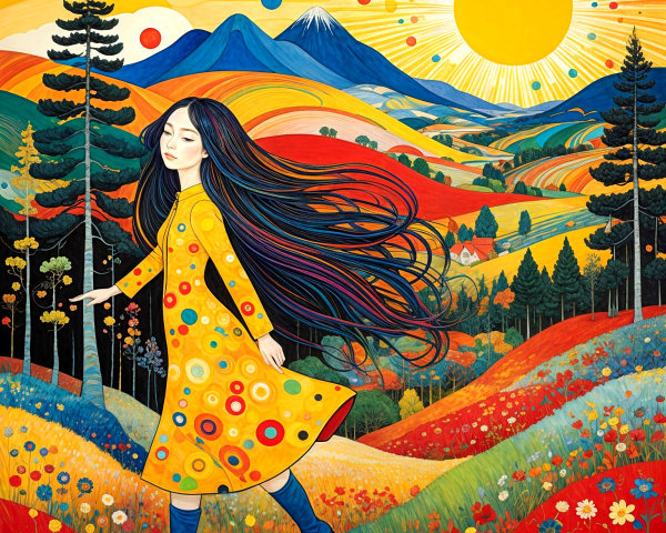 Vibrant Landscape with Colorful Hills and Flowers