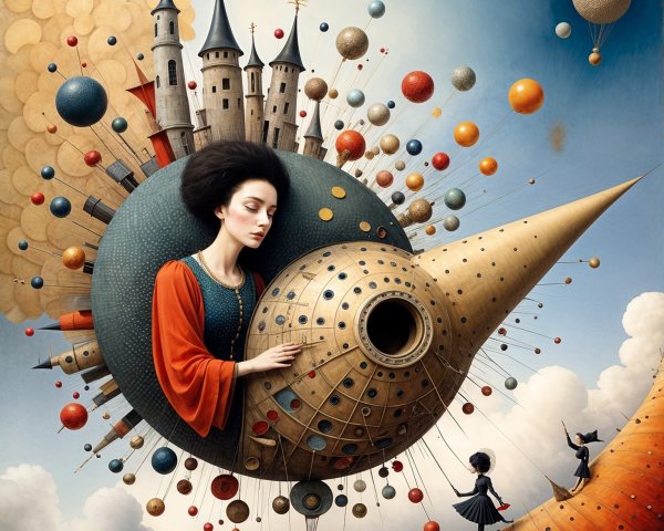 Surreal Scene with Woman and Whimsical Elements