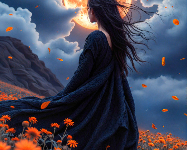 Woman in Black Dress Amidst Orange Flowers and Moonlight