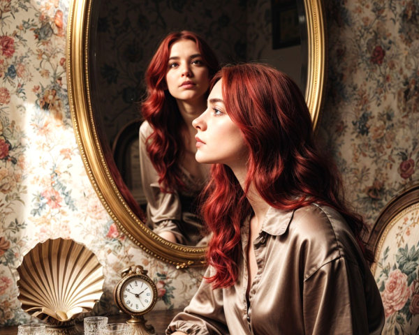 Young woman with red hair in a serene room setting