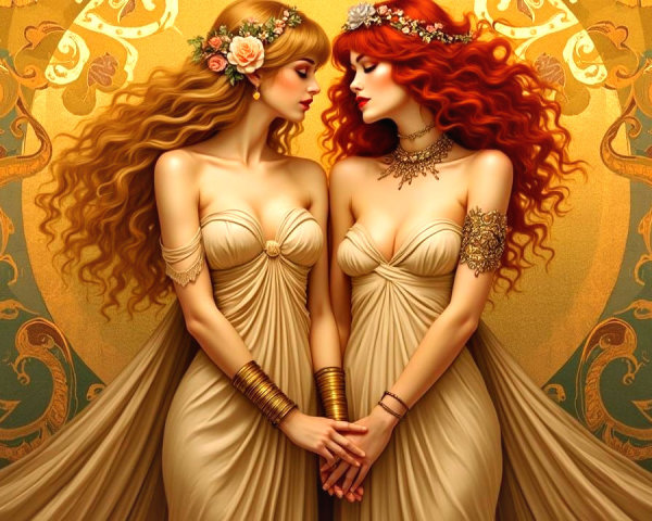 Elegant Women in Flowing Dresses with Floral Accents