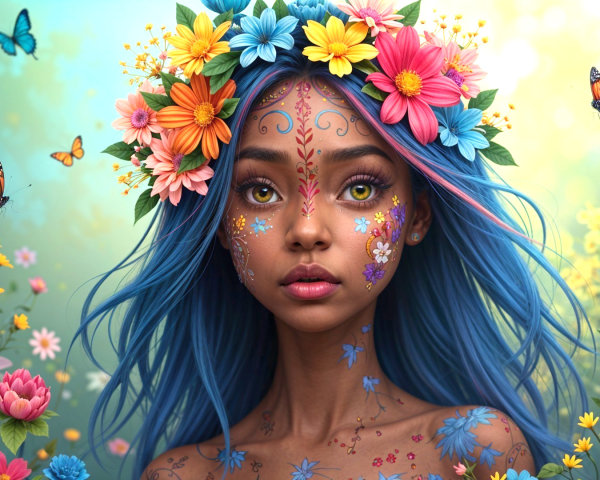 Young woman with blue hair in a floral garden scene