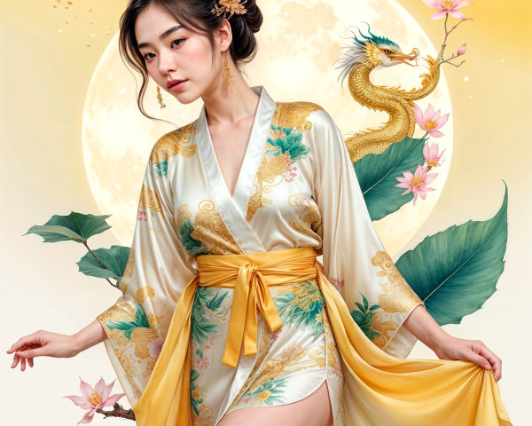 Elegant figure in white kimono with moonlit backdrop