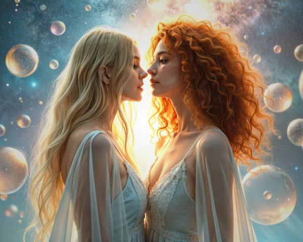 Ethereal Women in Cosmic Setting with Vibrant Colors