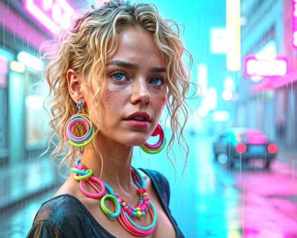 Young Woman in Urban Scene with Neon Lights and Jewelry