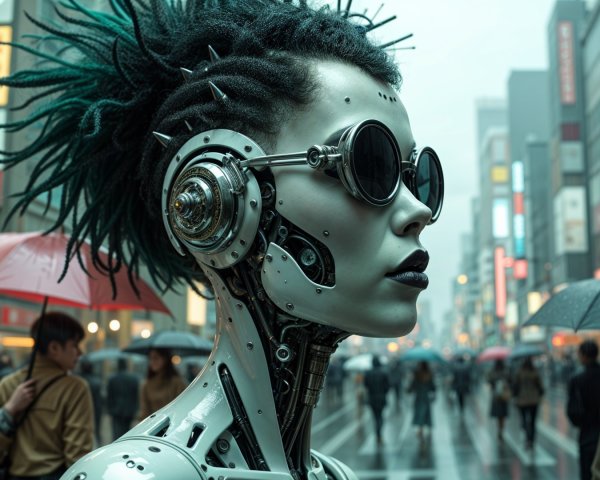 Futuristic Cybernetic Figure in Rainy Urban Setting