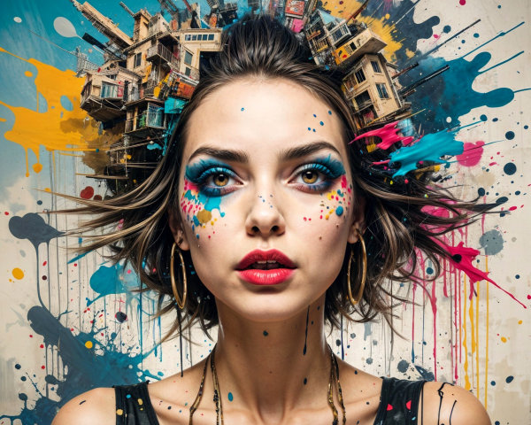 Portrait of a Woman with Surreal Cityscape Hair