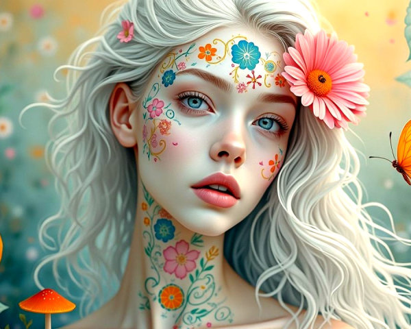 Serene Woman with Floral Tattoos and Butterflies