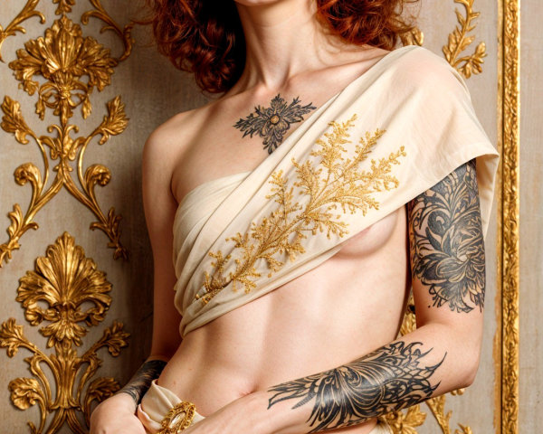 Portrait of a woman in flowing fabric with tattoos