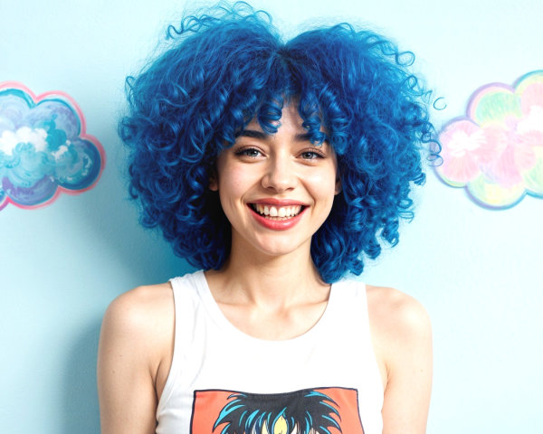 Young woman with blue hair and cheerful illustrations