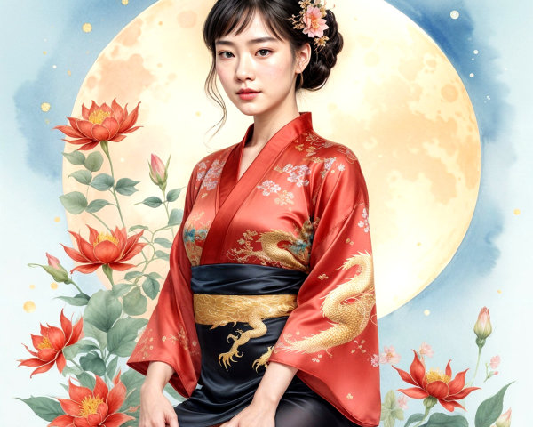Woman in red kimono with dragon patterns by moon