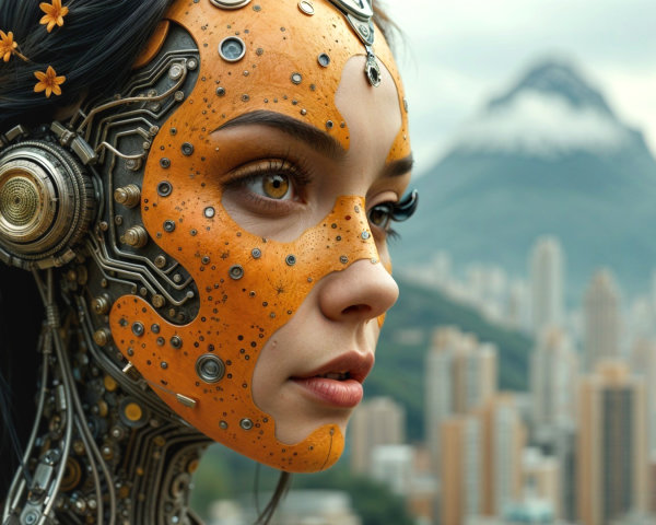 Futuristic humanoid portrait with cityscape backdrop