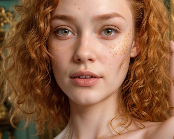 Young woman with red hair and golden artwork in elegant setting