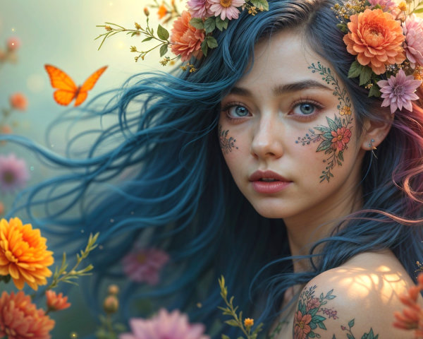 Young woman with blue hair in a colorful garden