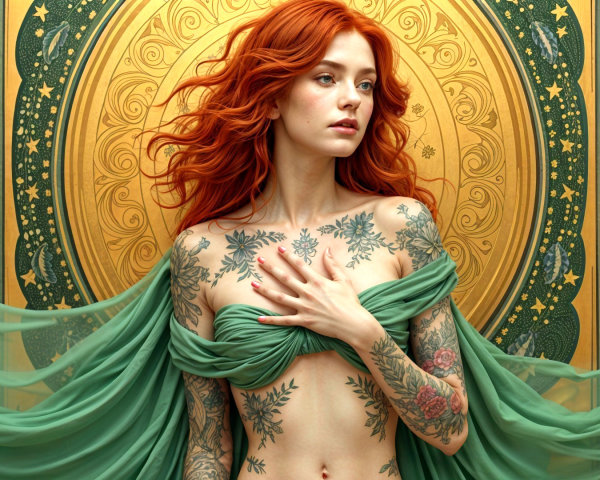 Striking Woman with Red Hair Against Golden Backdrop
