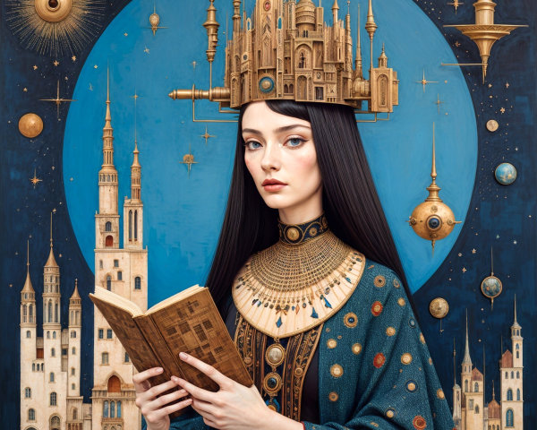 Regal Woman in Blue Robe with Ancient Book and Crown
