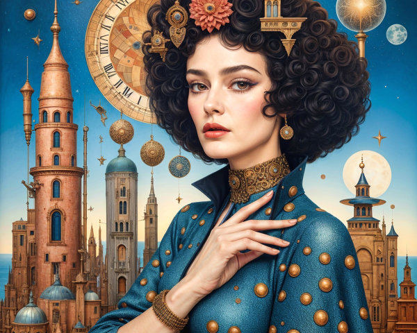 Woman in blue gown with curly hair and fantasy skyline