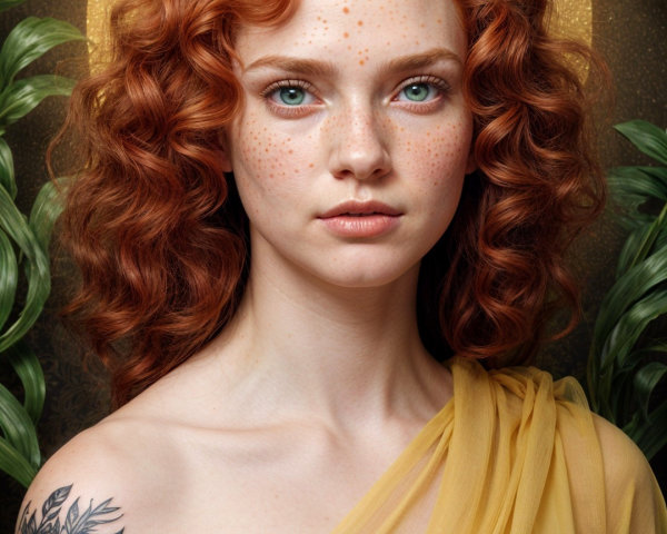 Portrait of a woman with red hair in a serene setting