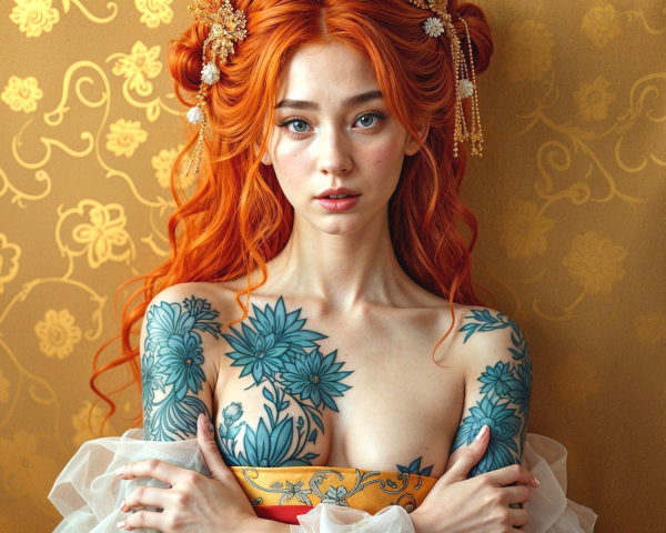 Portrait of a young woman with orange hair and tattoos