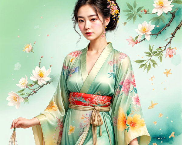 Young Woman in Floral Kimono with Cherry Blossoms