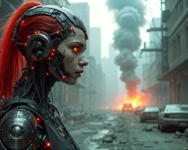 Futuristic Cybernetic Being in a Desolate Cityscape
