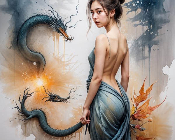 Young Woman in Blue Dress with Vibrant Dragon Background