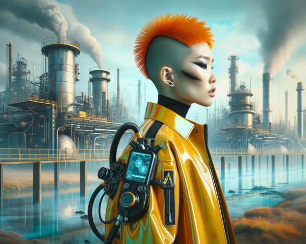 Futuristic Scene with Orange Mohawk and Industrial Backdrop