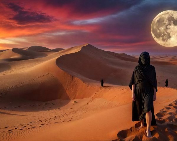 Twilight Desert Landscape with Figures and Moonlight