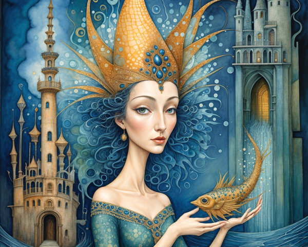 Majestic figure in water with castle and vibrant fish