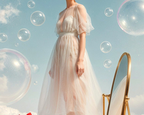 Whimsical Fairy-Tale Scene with Bubbles and Ballerina