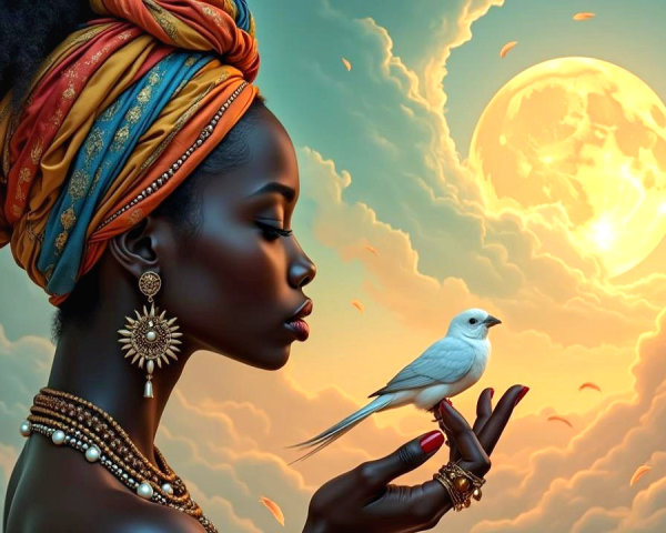 Serene woman with headwraps and jewelry under moonlight