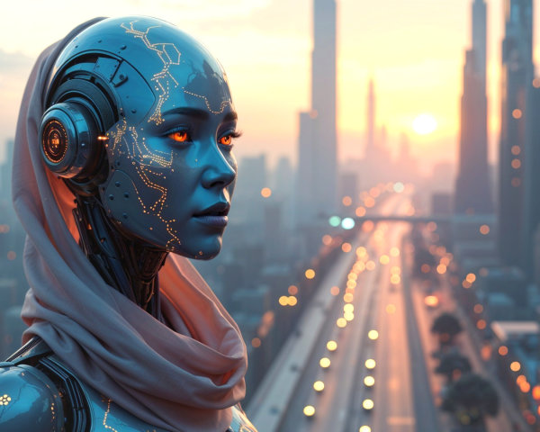 Futuristic Female Robot in Urban Sunset Scene