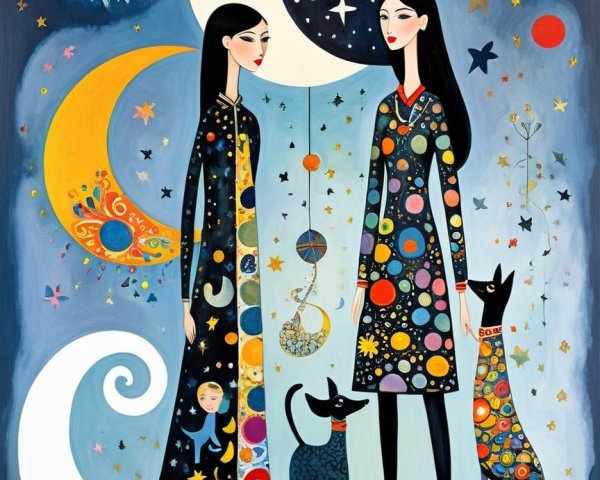 Women in Starry Attire Against Cosmic Backdrop