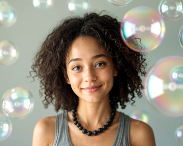 Young woman with curly hair and colorful bubbles