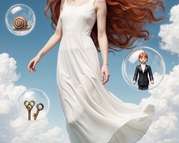 Woman in White Gown Above Ocean with Whimsical Bubbles