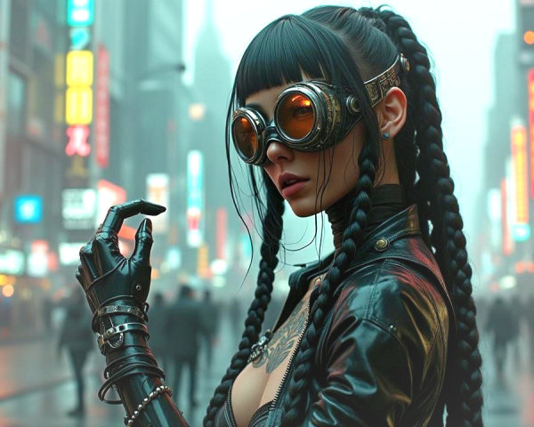 Stylish Individual in Futuristic Cyberpunk Cityscape